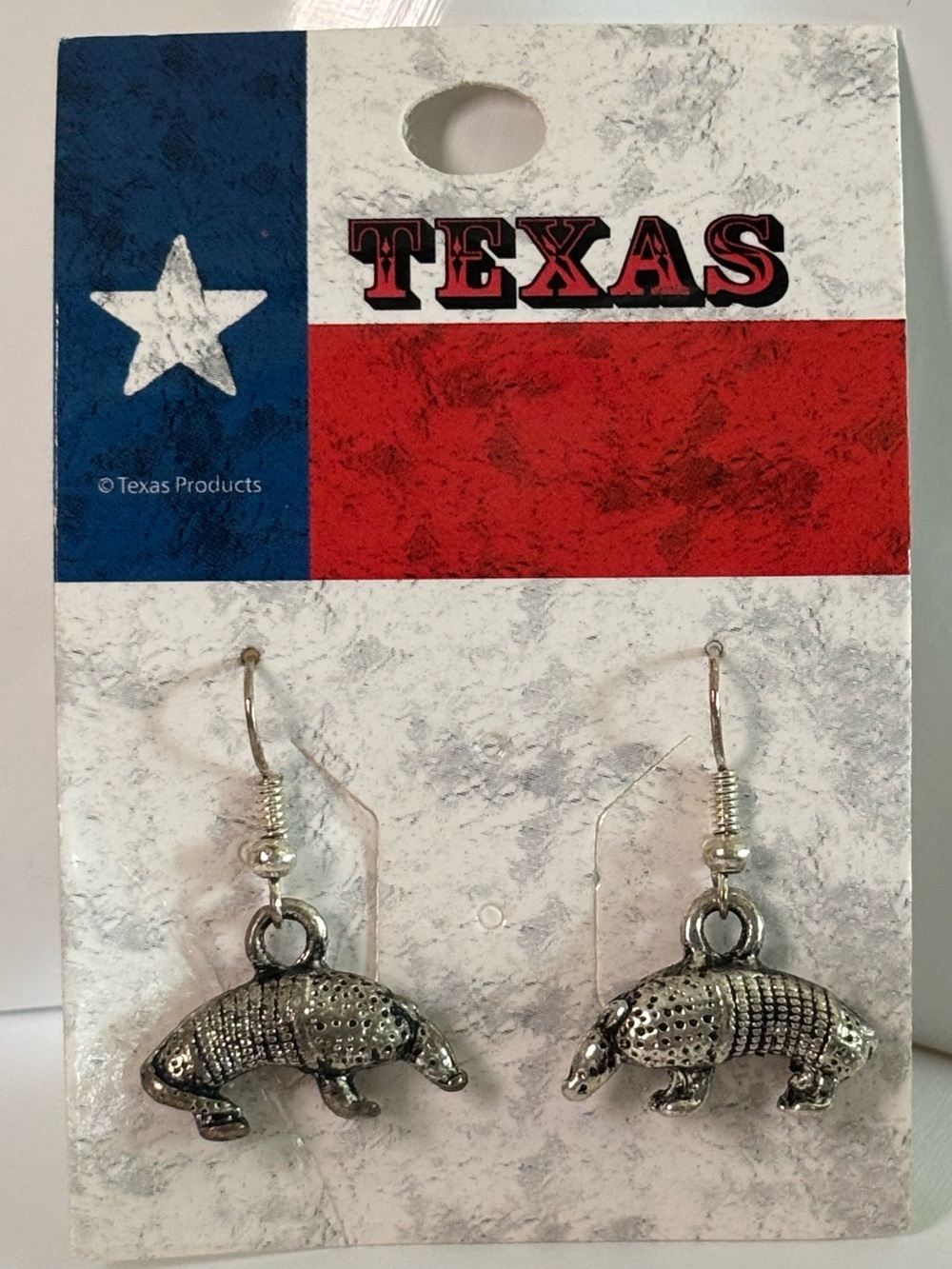 Texas Armadillo Dangle Earrings Silver Tone Western Souvenir New on Card